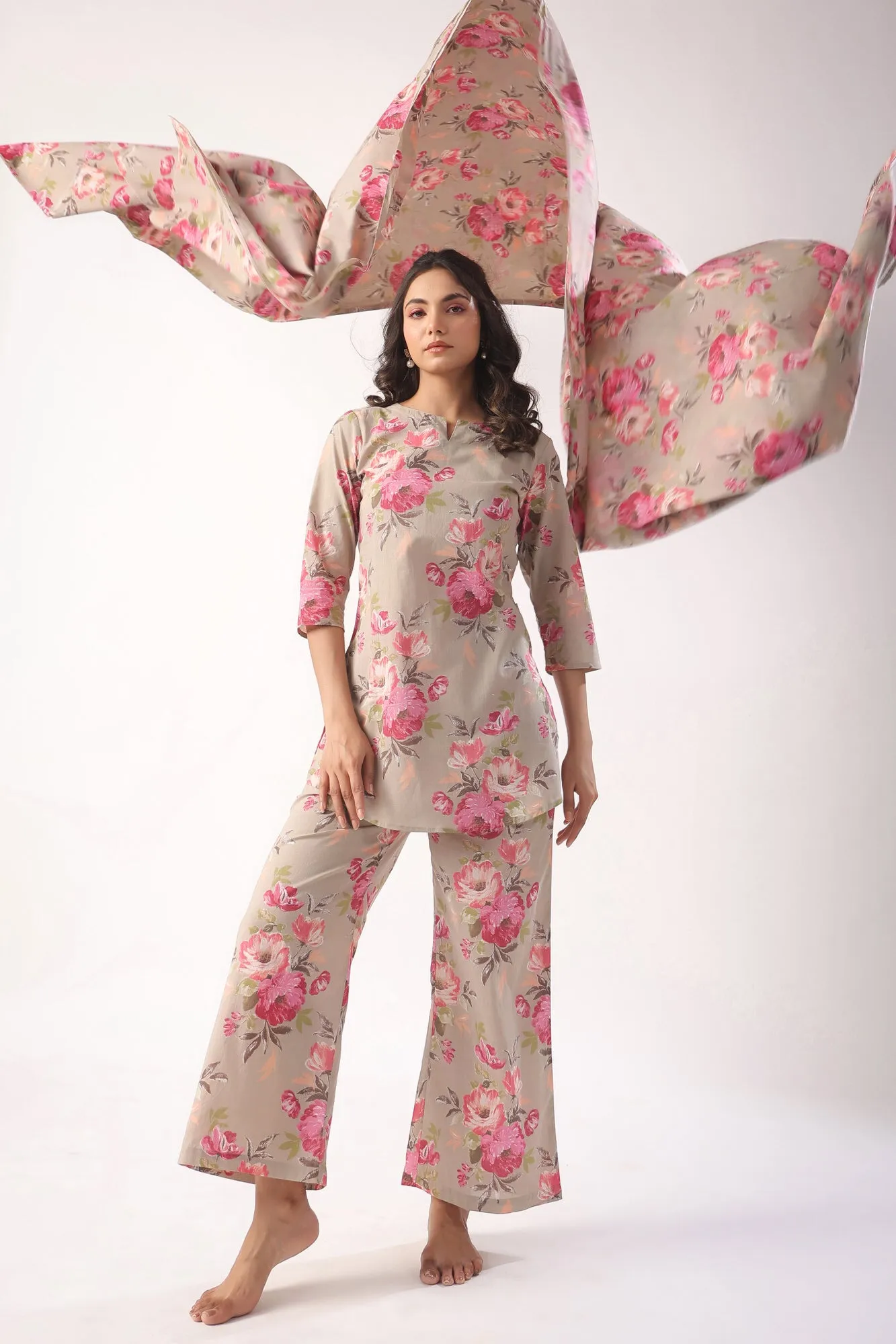 Floral Motifs On Grey Palazzo Loungewear Set