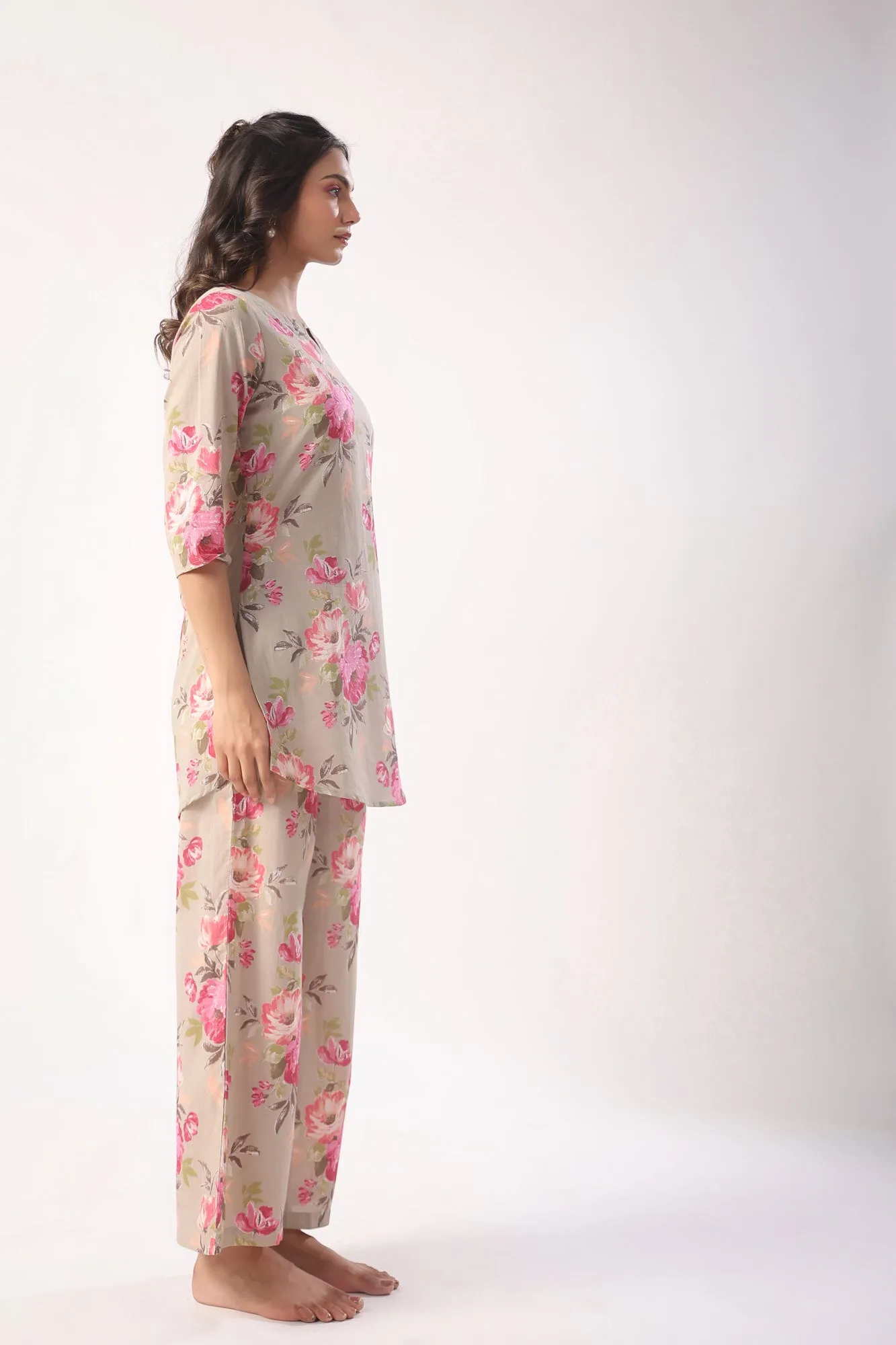 Floral Motifs On Grey Palazzo Loungewear Set