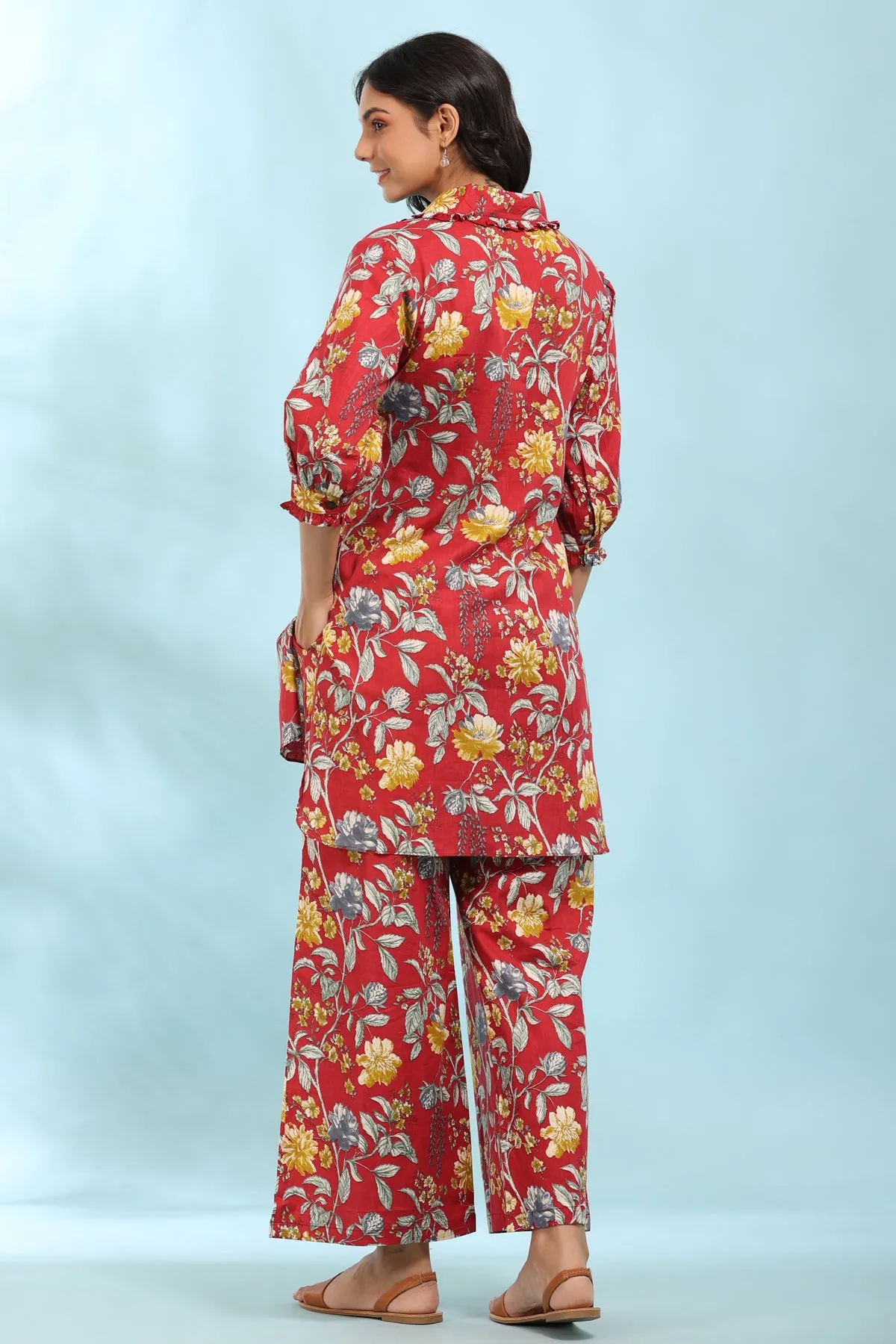 Floral Print Red Collared Cotton Palazzo Loungewear Set