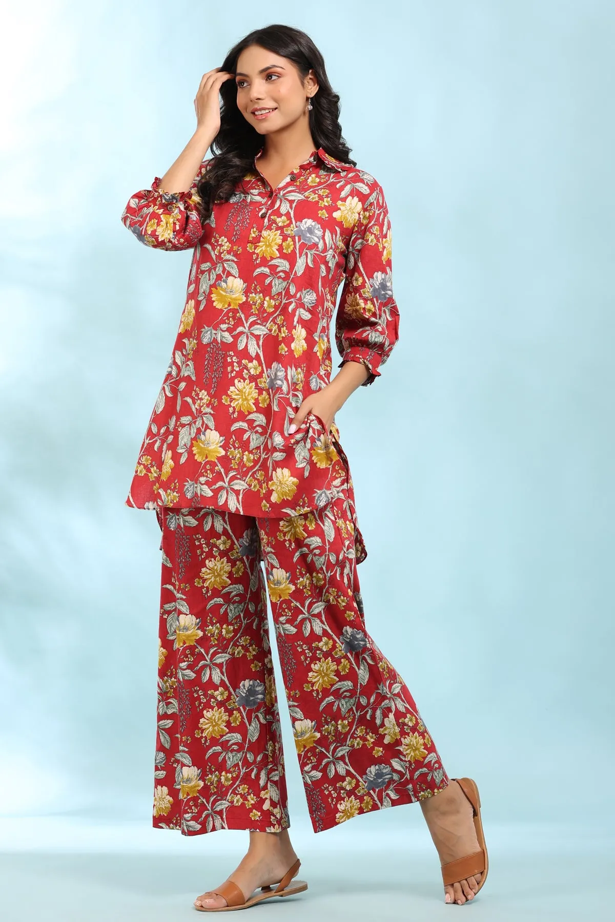 Floral Print Red Collared Cotton Palazzo Loungewear Set