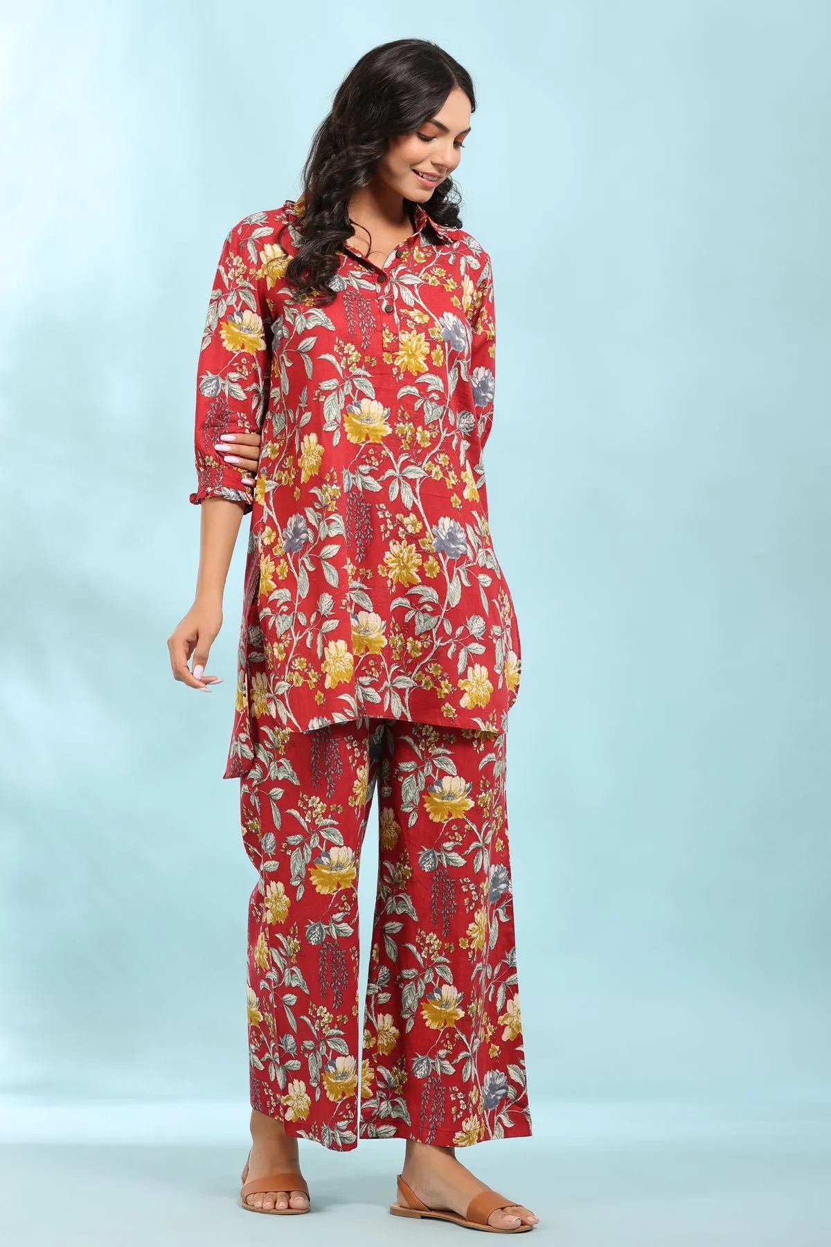 Floral Print Red Collared Cotton Palazzo Loungewear Set