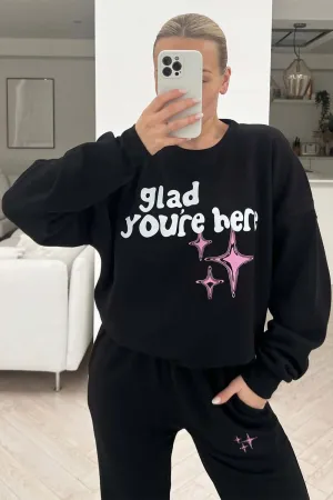 Glad You're Here Black printed sweater loungewear set