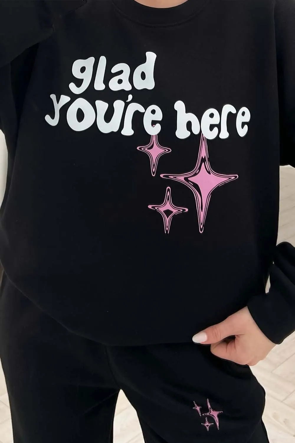 Glad You're Here Black printed sweater loungewear set