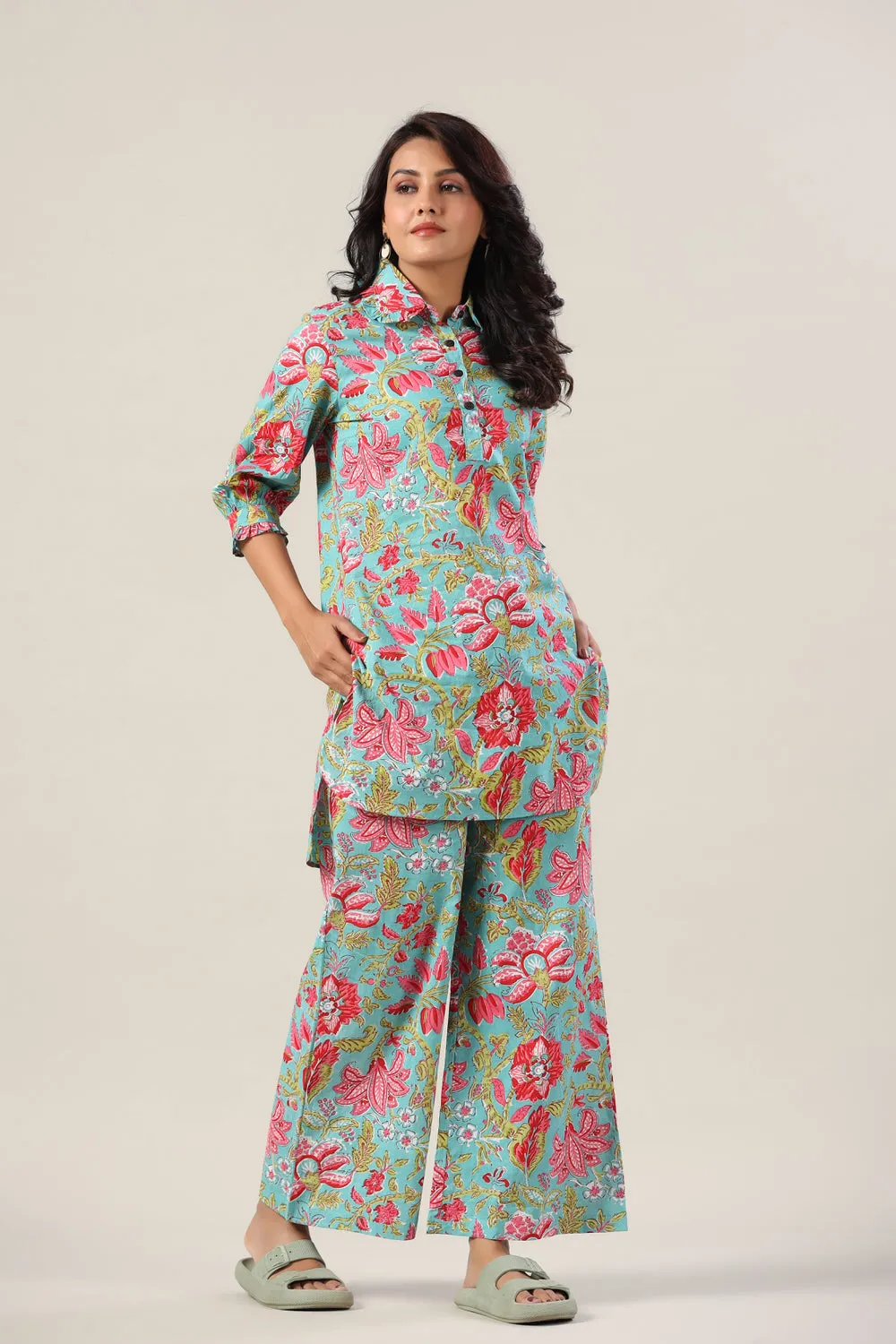 Jaal on Blue Collared Palazzo Loungewear Set