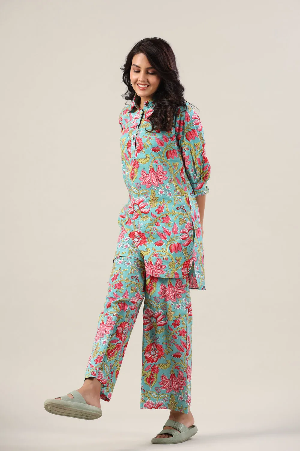 Jaal on Blue Collared Palazzo Loungewear Set