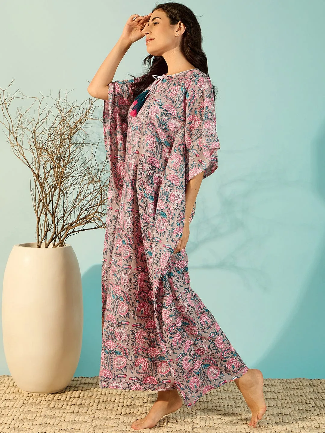 Jaipur Blocks Grey Cotton Kaftan Night Gown For Women