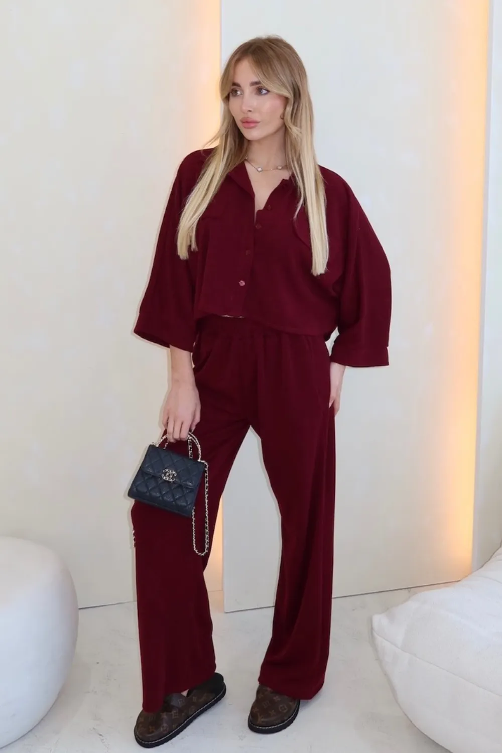 Jemma burgundy button up loungewear