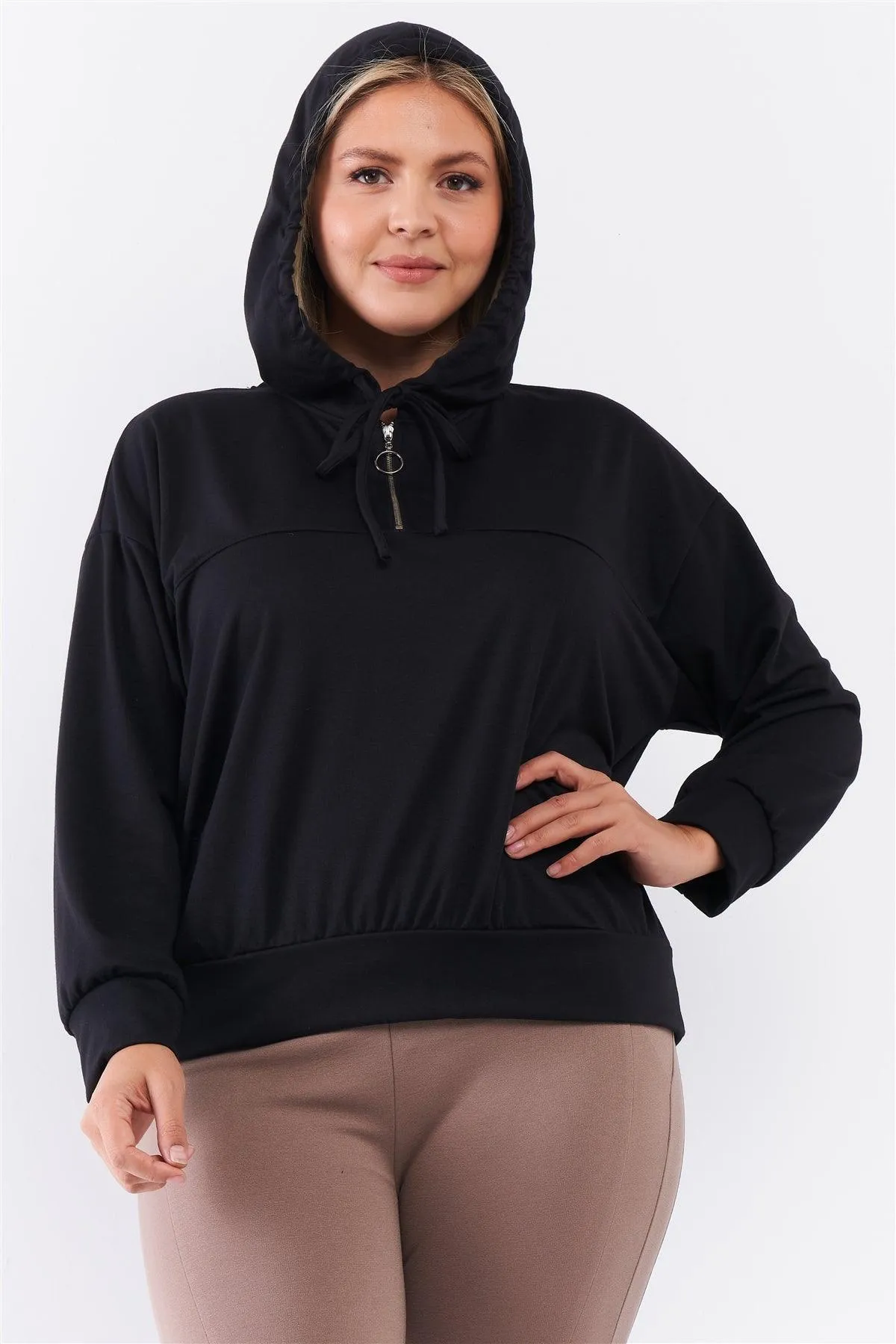 Junior Plus Black Oversize High Neck Zip-Up Detail Draw String Tie Hoodie Sweatshirt /3-2-1