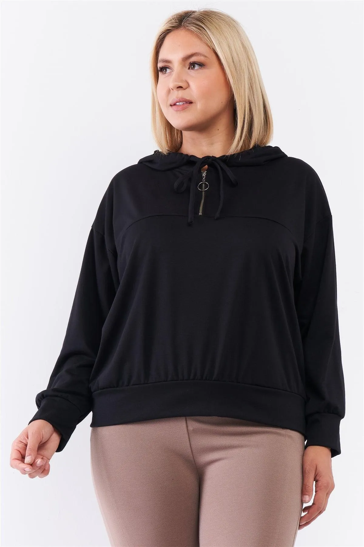 Junior Plus Black Oversize High Neck Zip-Up Detail Draw String Tie Hoodie Sweatshirt /3-2-1