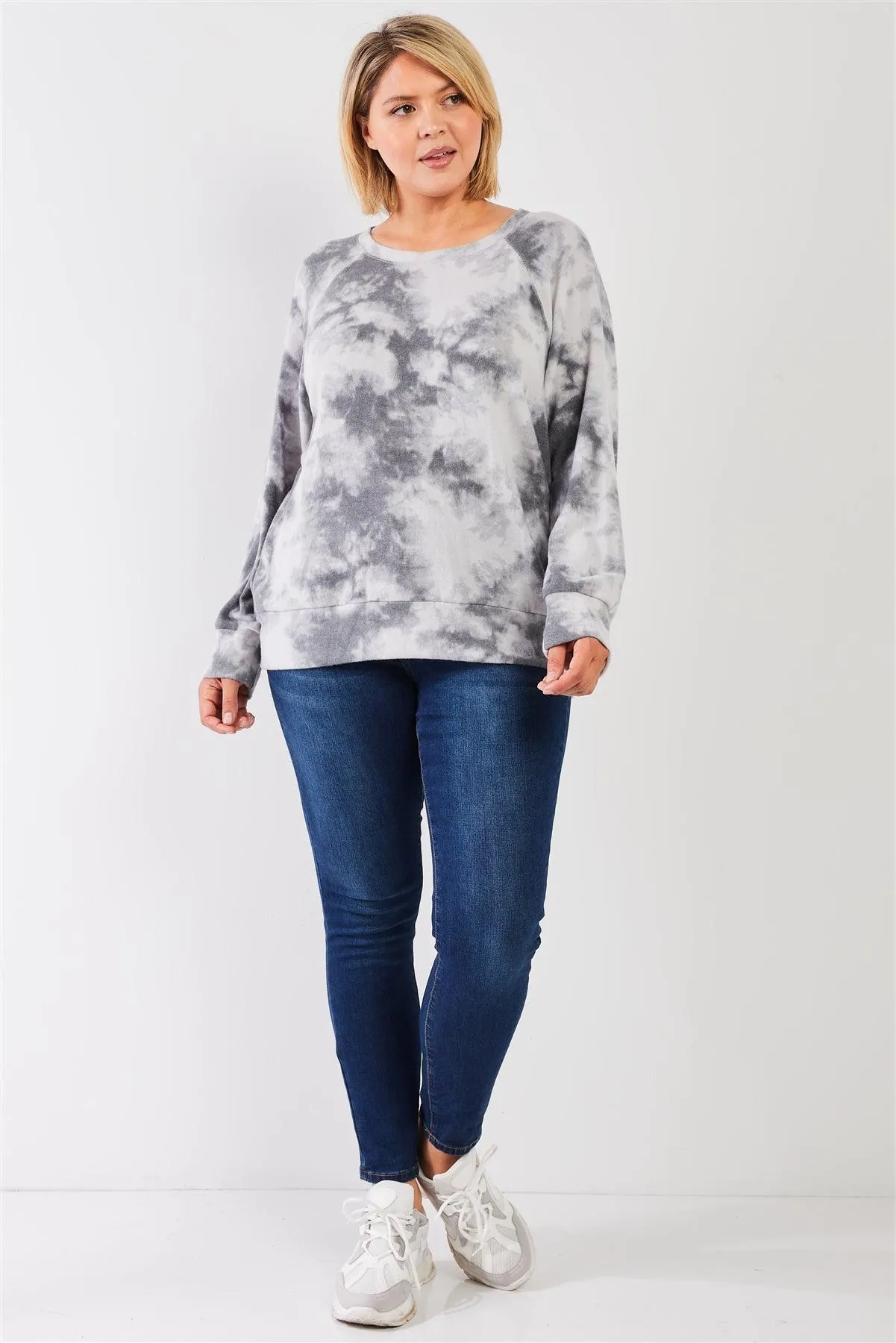 Junior Plus Charcoal Grey Tie-Dye Polyester Fleece Round Neck Long Sleeve Relaxed Top /3-2-1