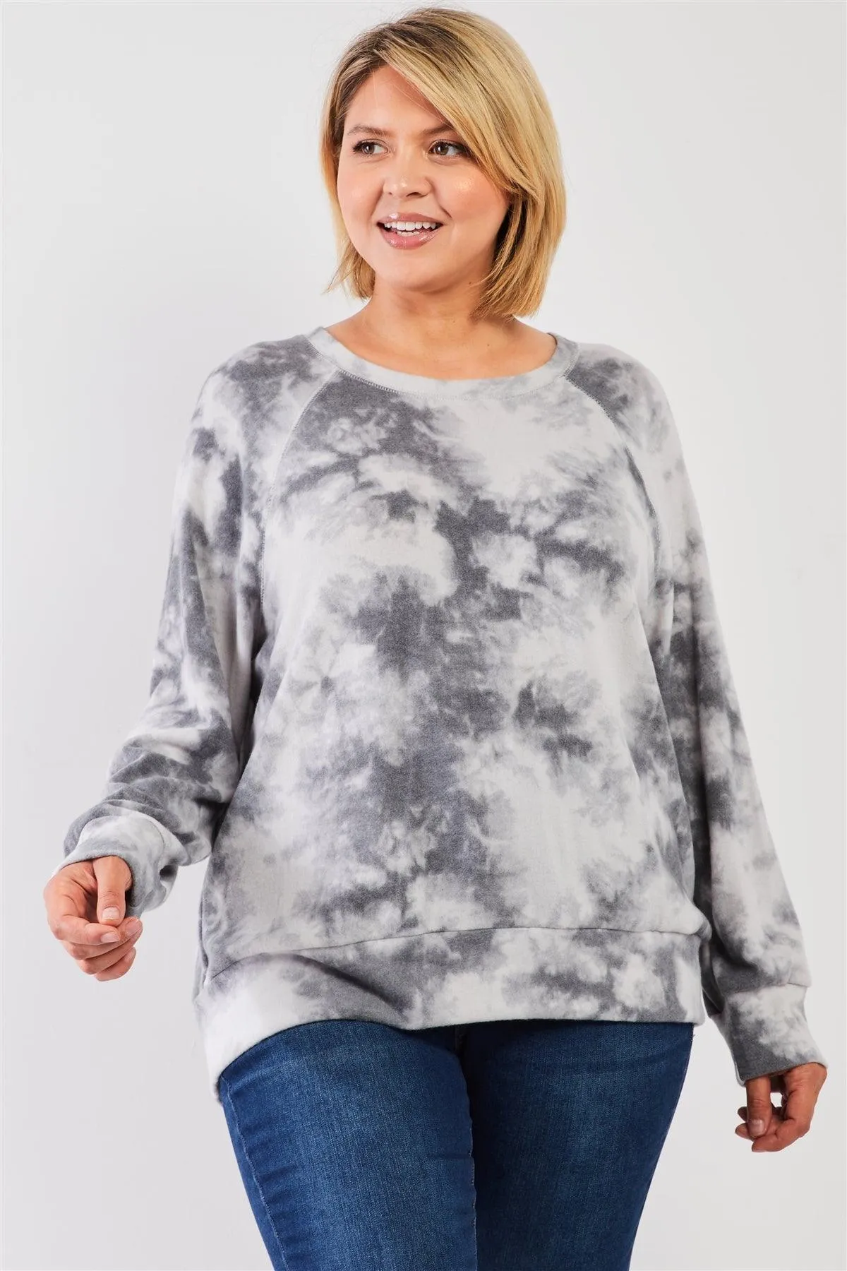 Junior Plus Charcoal Grey Tie-Dye Polyester Fleece Round Neck Long Sleeve Relaxed Top /3-2-1