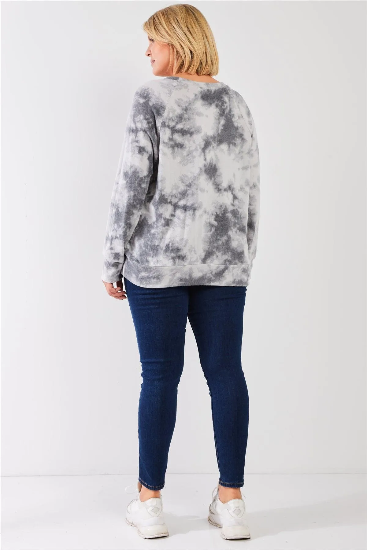 Junior Plus Charcoal Grey Tie-Dye Polyester Fleece Round Neck Long Sleeve Relaxed Top /3-2-1