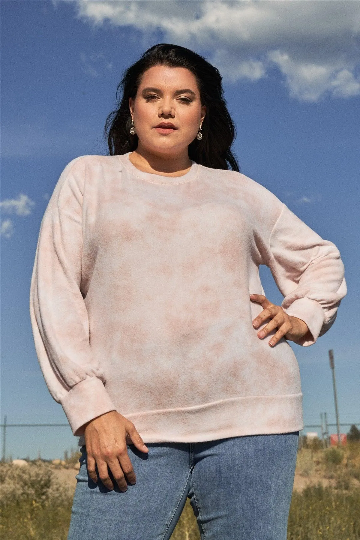 Junior Plus Size Baby Pink Tie-Dye Long Sleeve Super Soft Sweatshirt /3-2-1