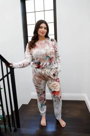 Junior Plus Size Ivory Floral Tie-Dye Long Sleeve Top & Sweatpants Set