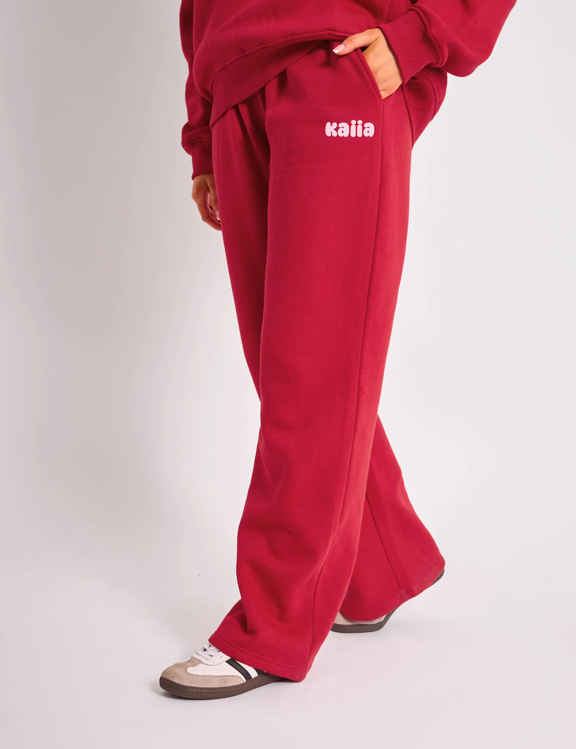 Kaiia Ribbed Waistband Wide Leg Joggers Red & Pink