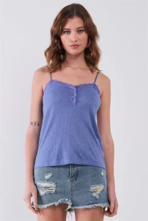 Lavender Blue Ribbed Sleeveless Lace Hem V-Neck Basic Top /1-2-2-1