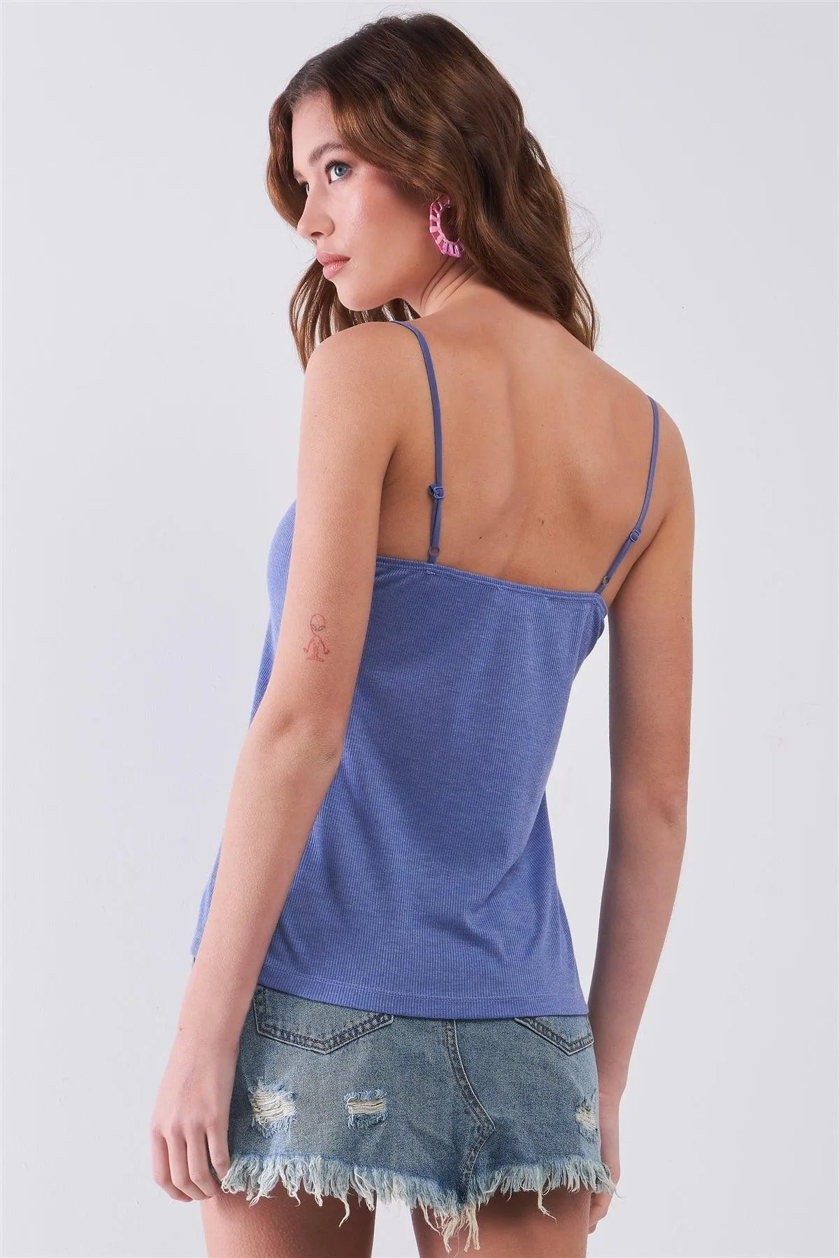 Lavender Blue Ribbed Sleeveless Lace Hem V-Neck Basic Top /1-2-2-1