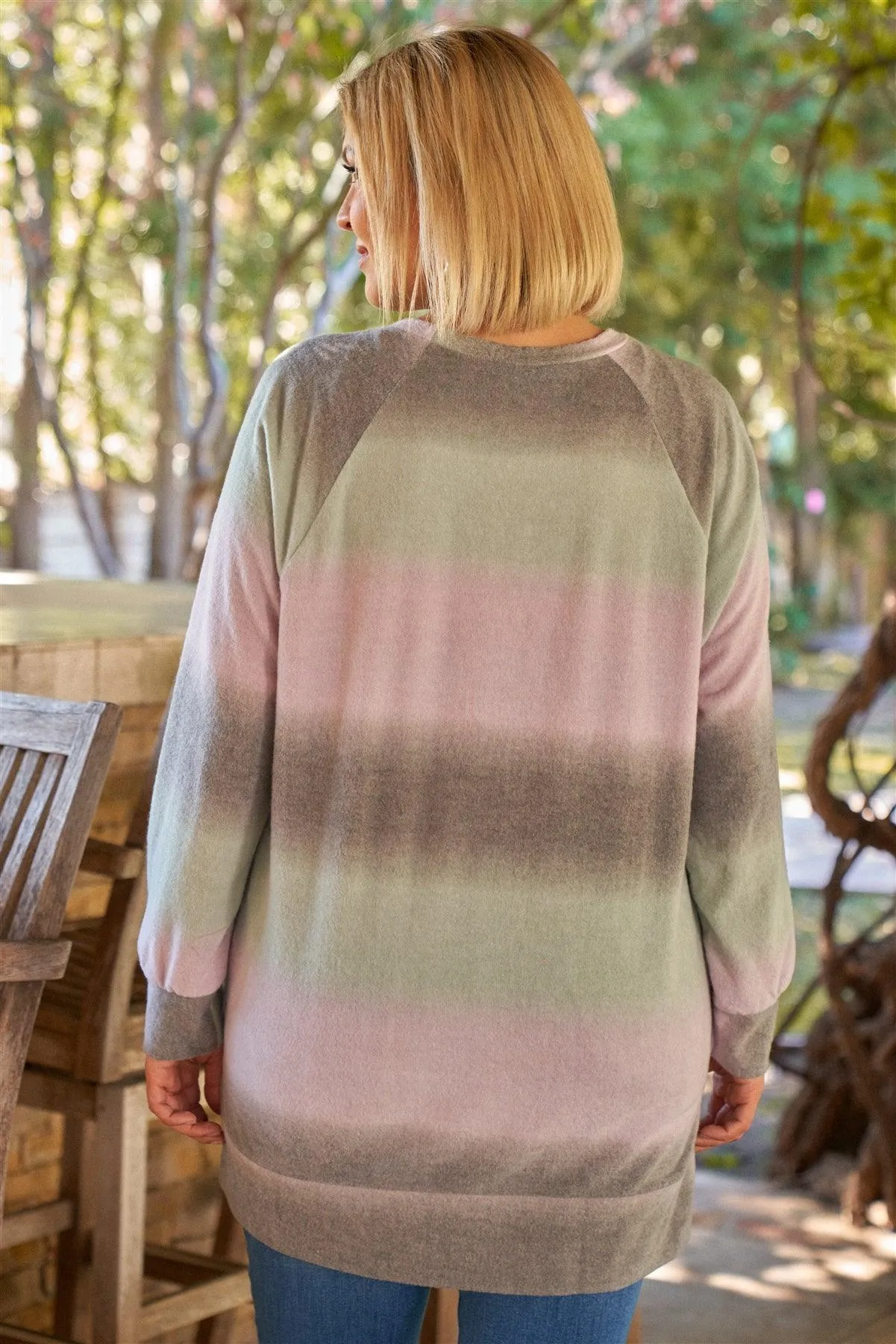 Lavender Grey Green Gradient Crew Neck Long Sleeve Side Slit Long Top /3-2-1