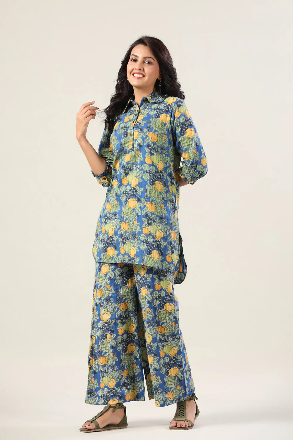 Lemonade on Blue Cotton Palazzo Loungewear Set