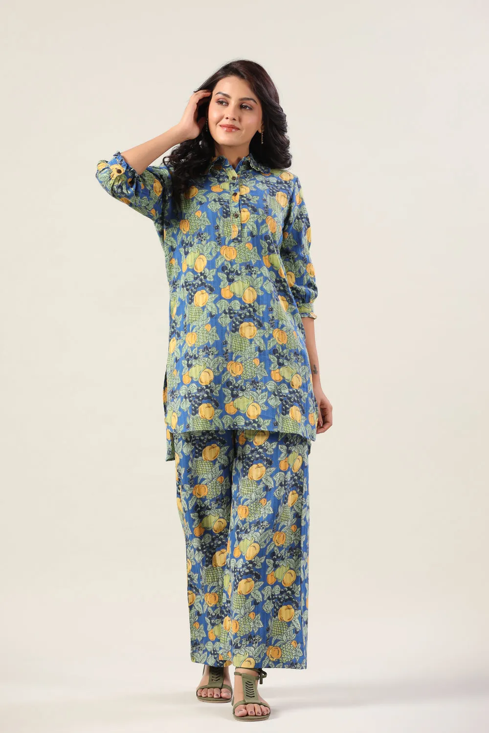 Lemonade on Blue Cotton Palazzo Loungewear Set