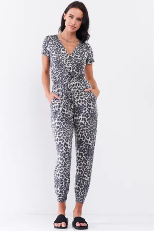 Leopard Print Wrap V-Neck Relaxed Fit Jumpsuit