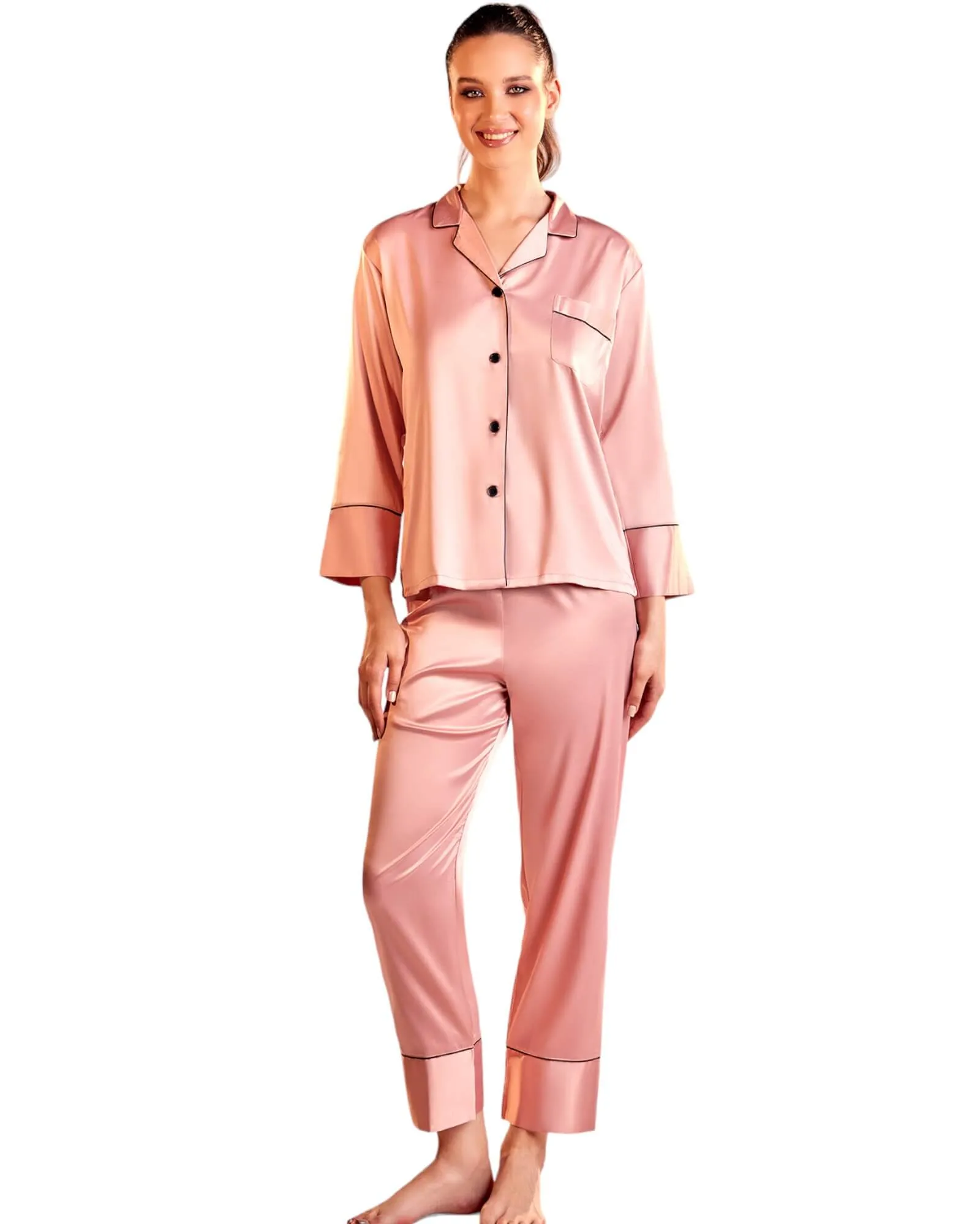 Long Satin Pajamas Set with Elegant Button-Front Top