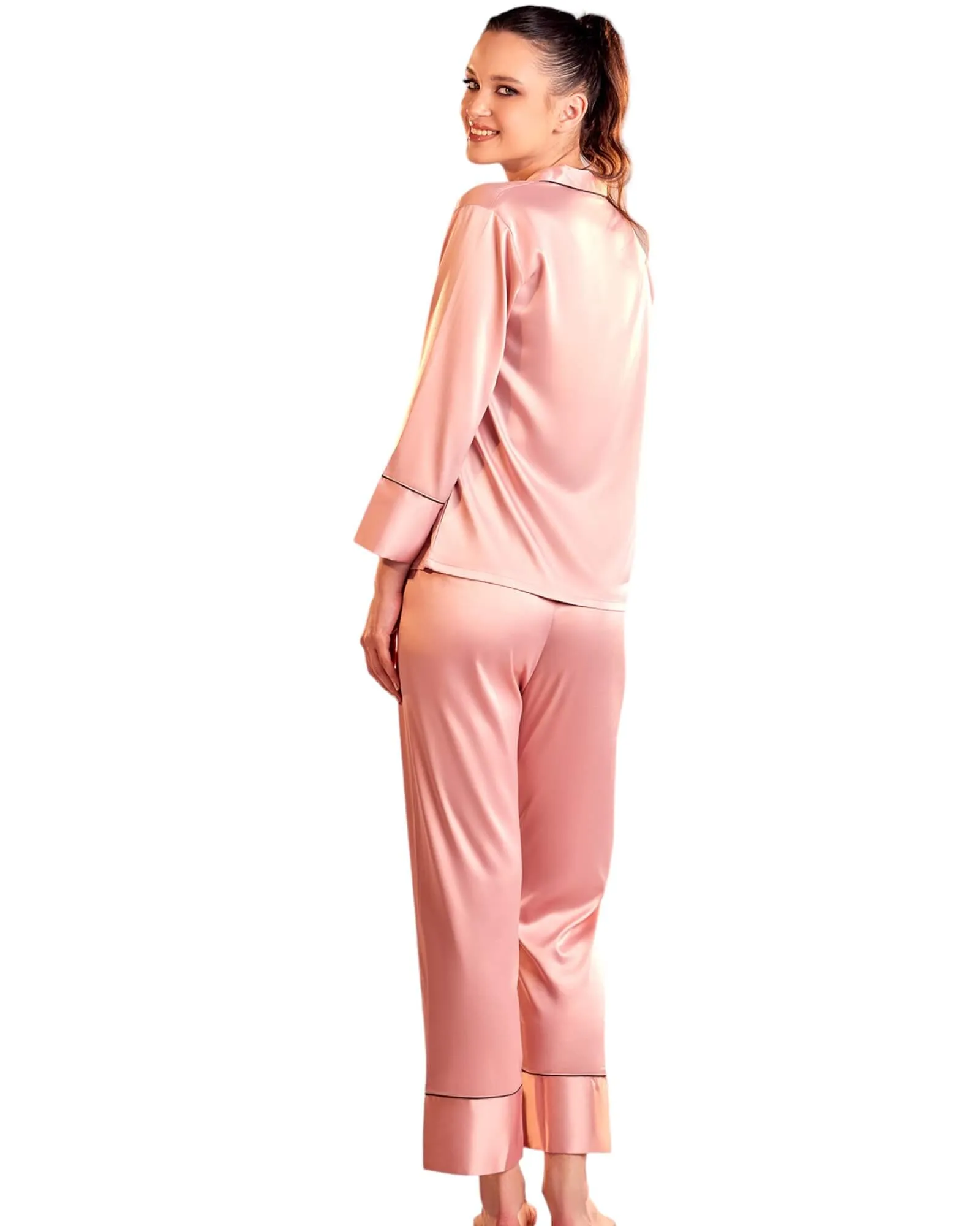 Long Satin Pajamas Set with Elegant Button-Front Top