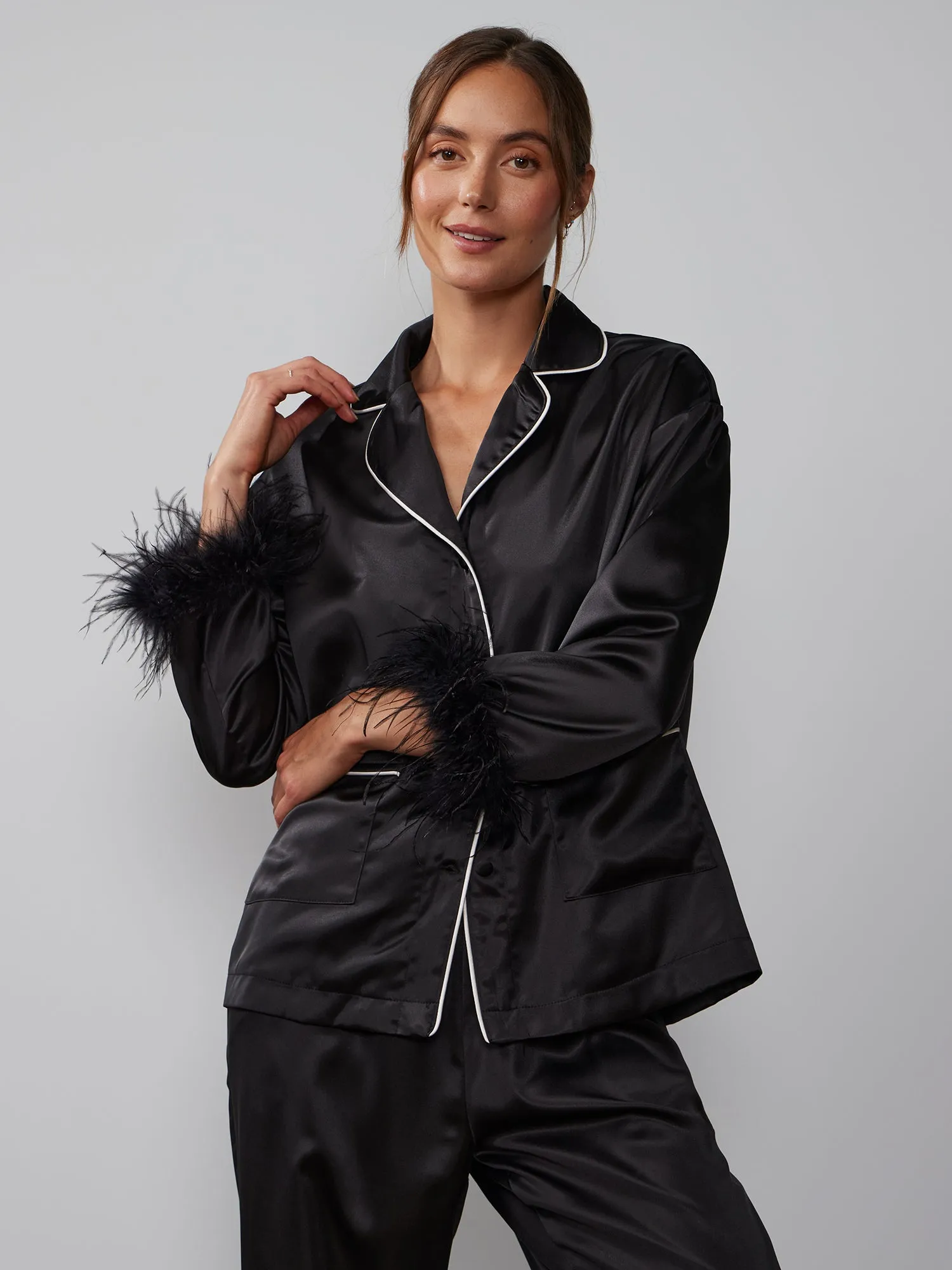 Long Sleeve Feather Trim Pajama Top