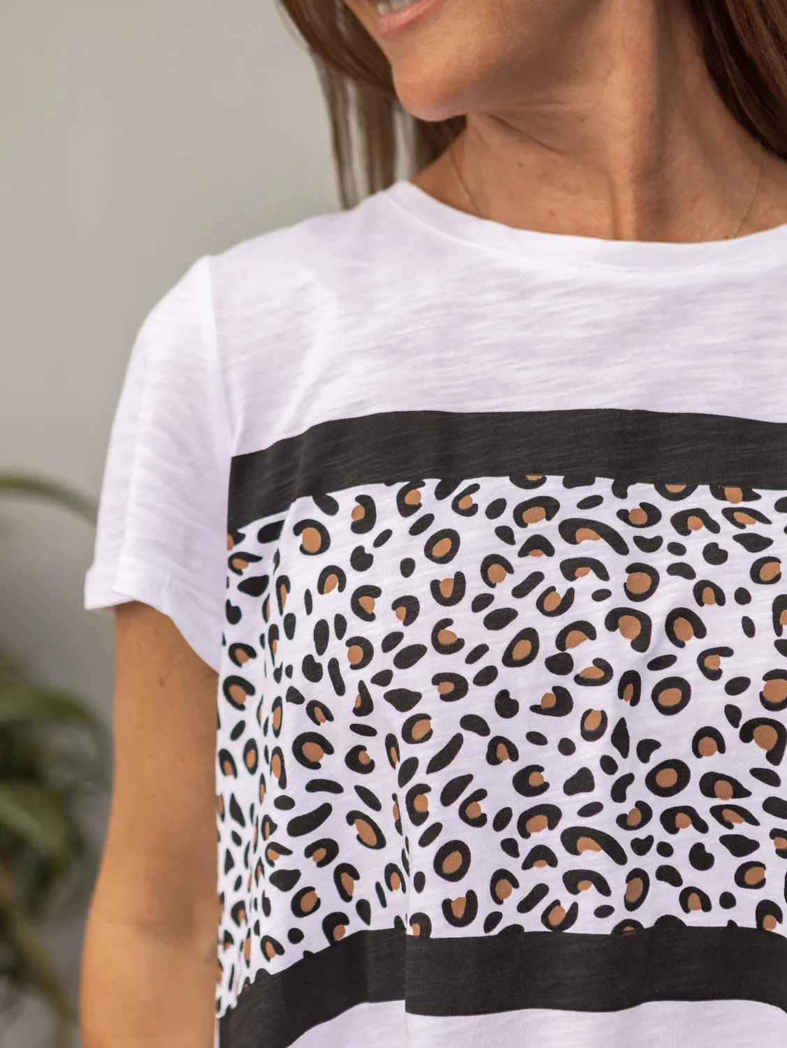 Maggie Leopard Tee - White with Black Stripe