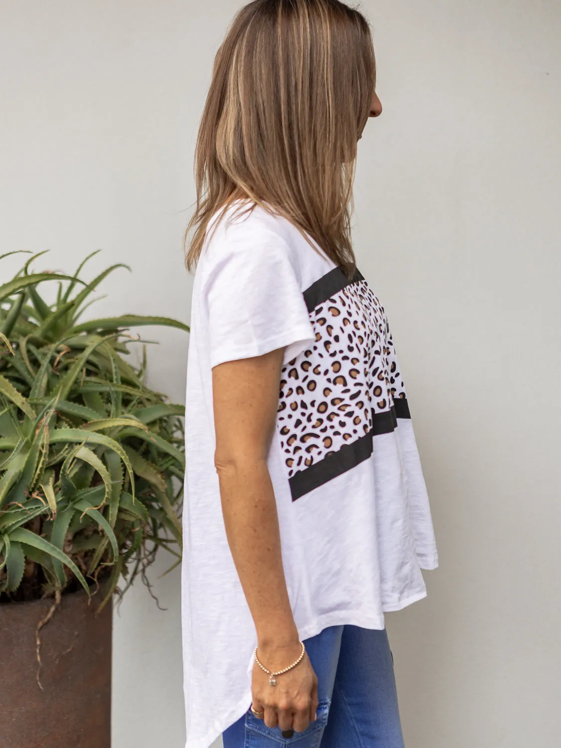 Maggie Leopard Tee - White with Black Stripe