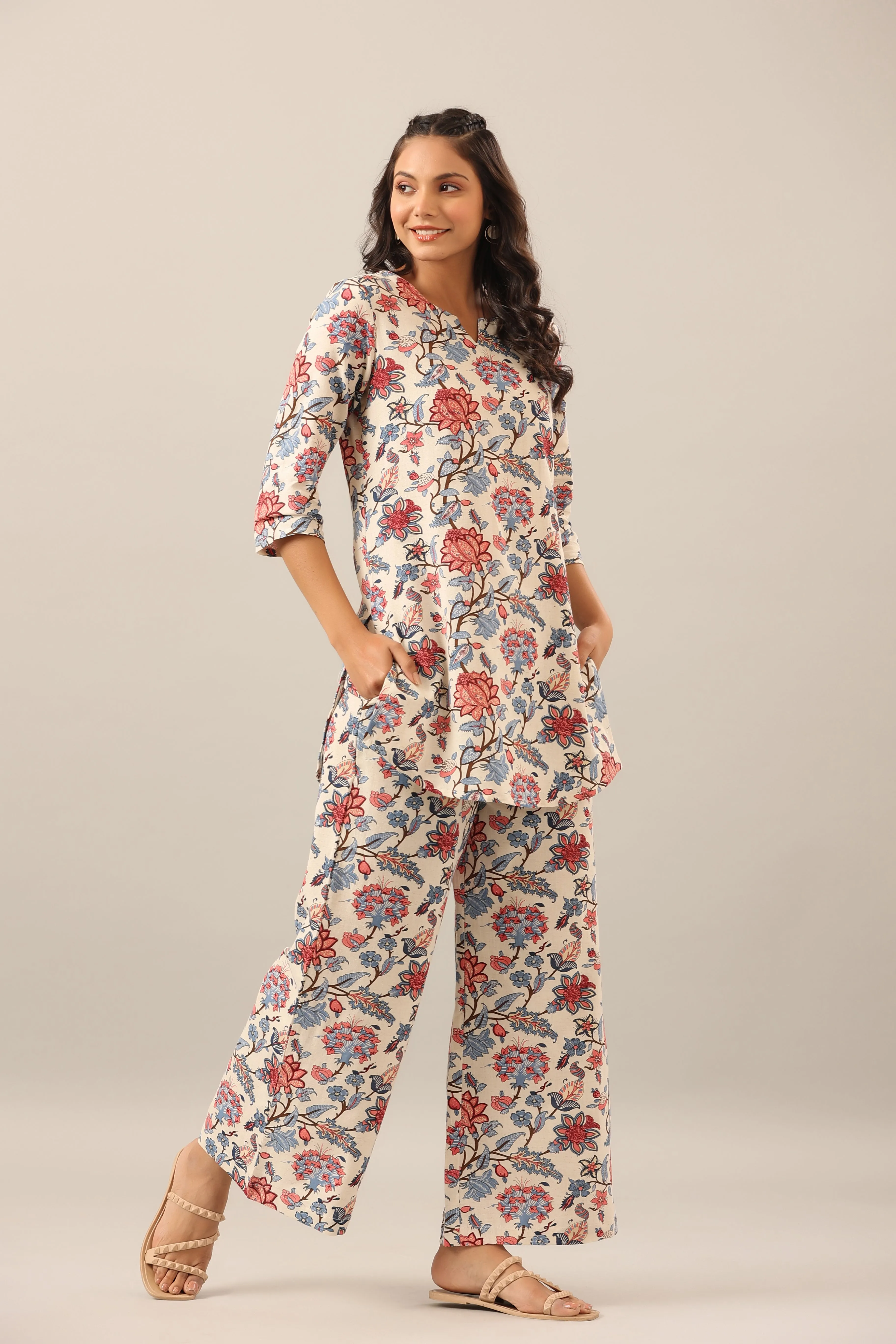 Marine Floral on Off White Cotton Flex Palazzo Loungewear Set