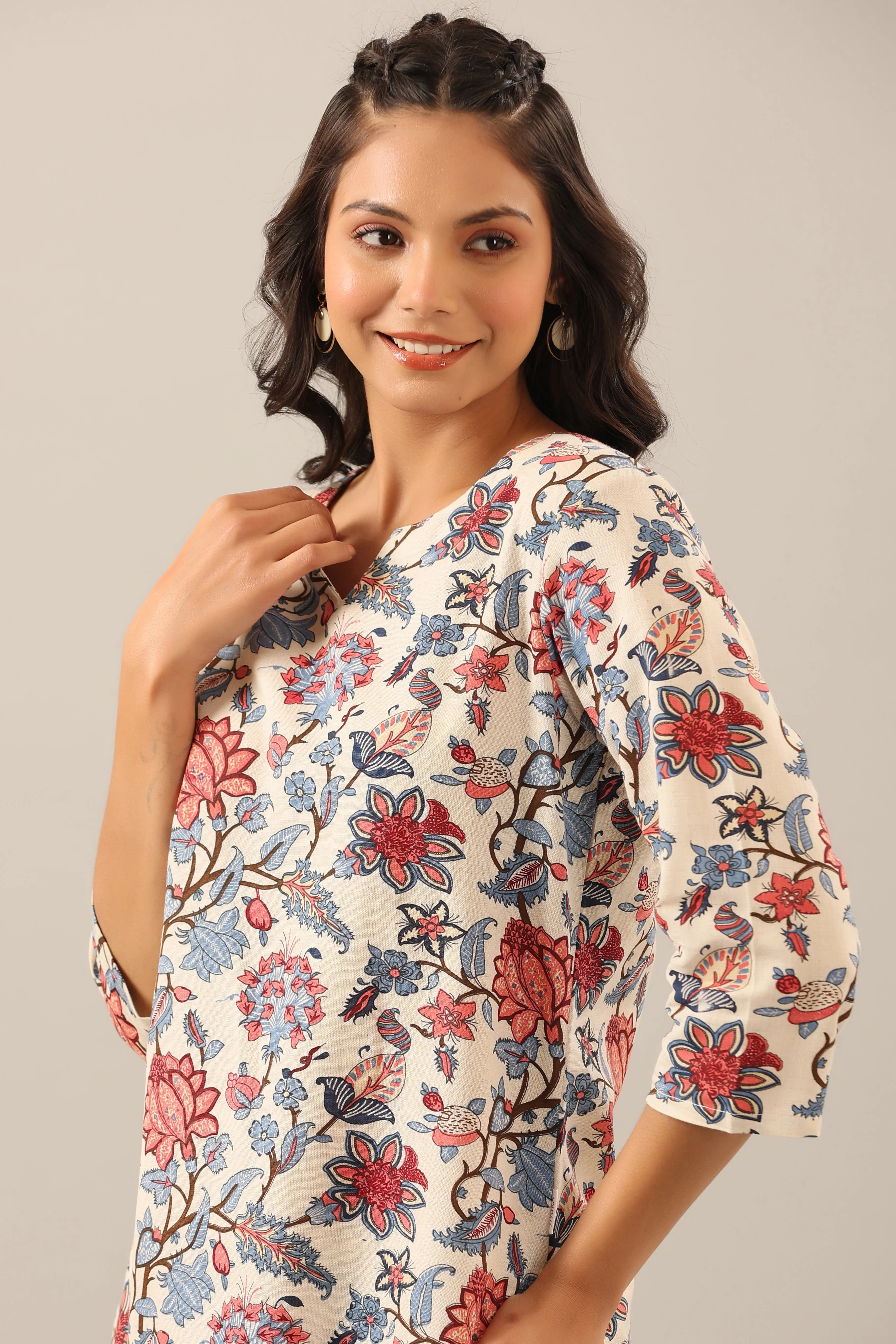 Marine Floral on Off White Cotton Flex Palazzo Loungewear Set