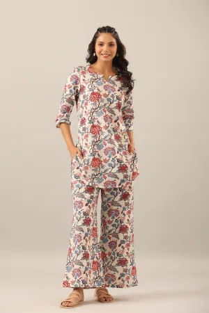 Marine Floral on Off White Cotton Flex Palazzo Loungewear Set