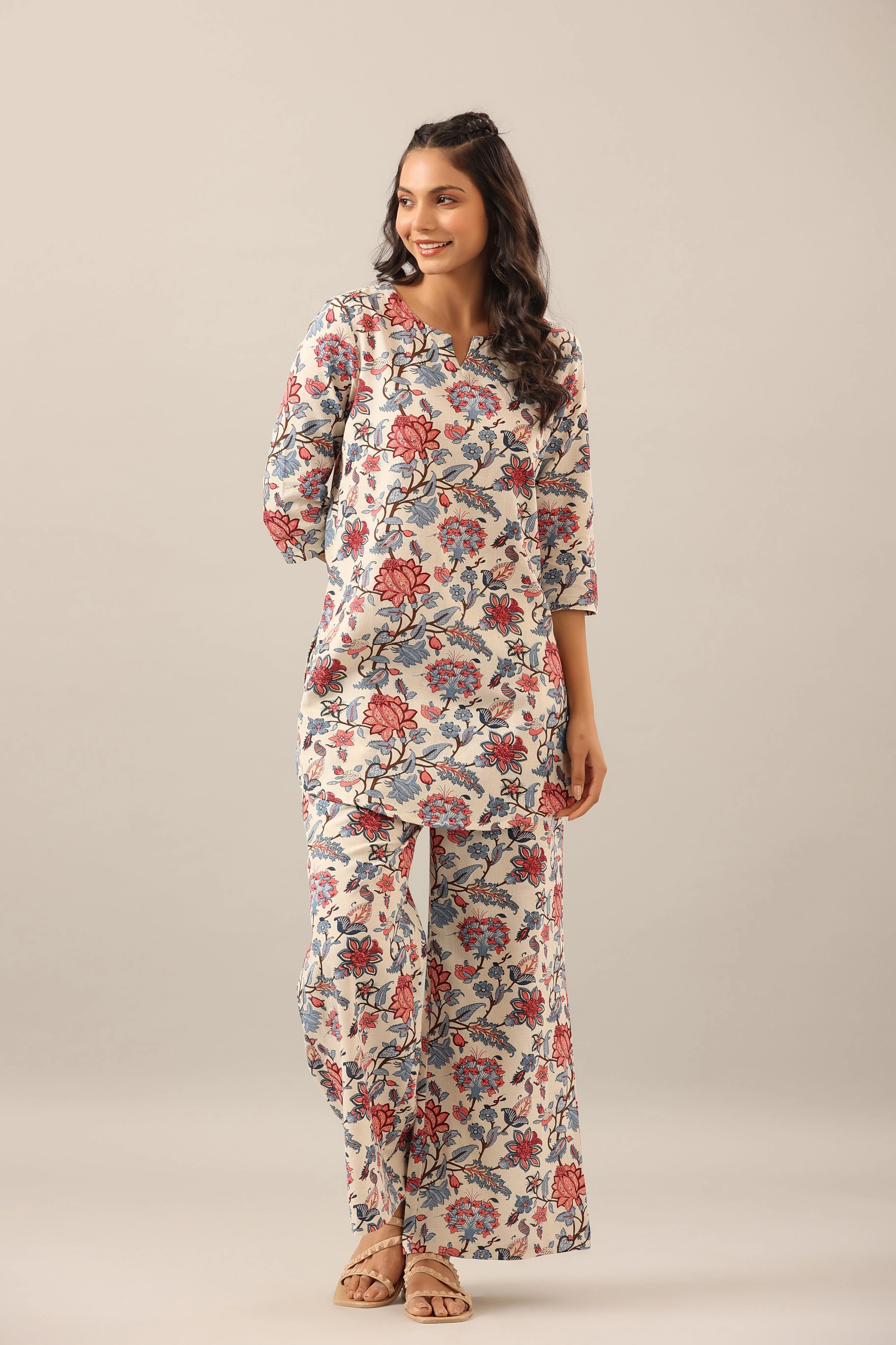 Marine Floral on Off White Cotton Flex Palazzo Loungewear Set