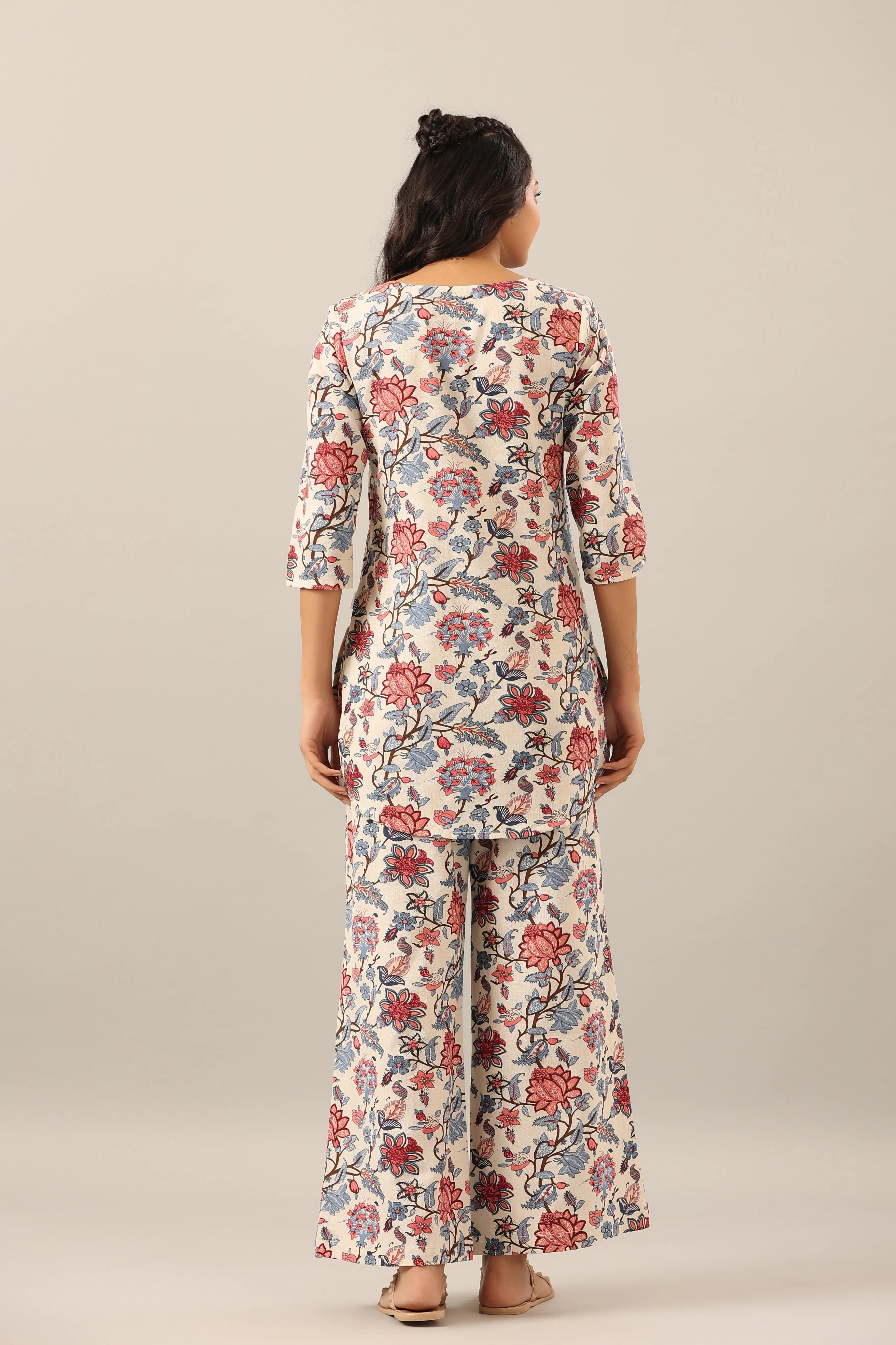 Marine Floral on Off White Cotton Flex Palazzo Loungewear Set