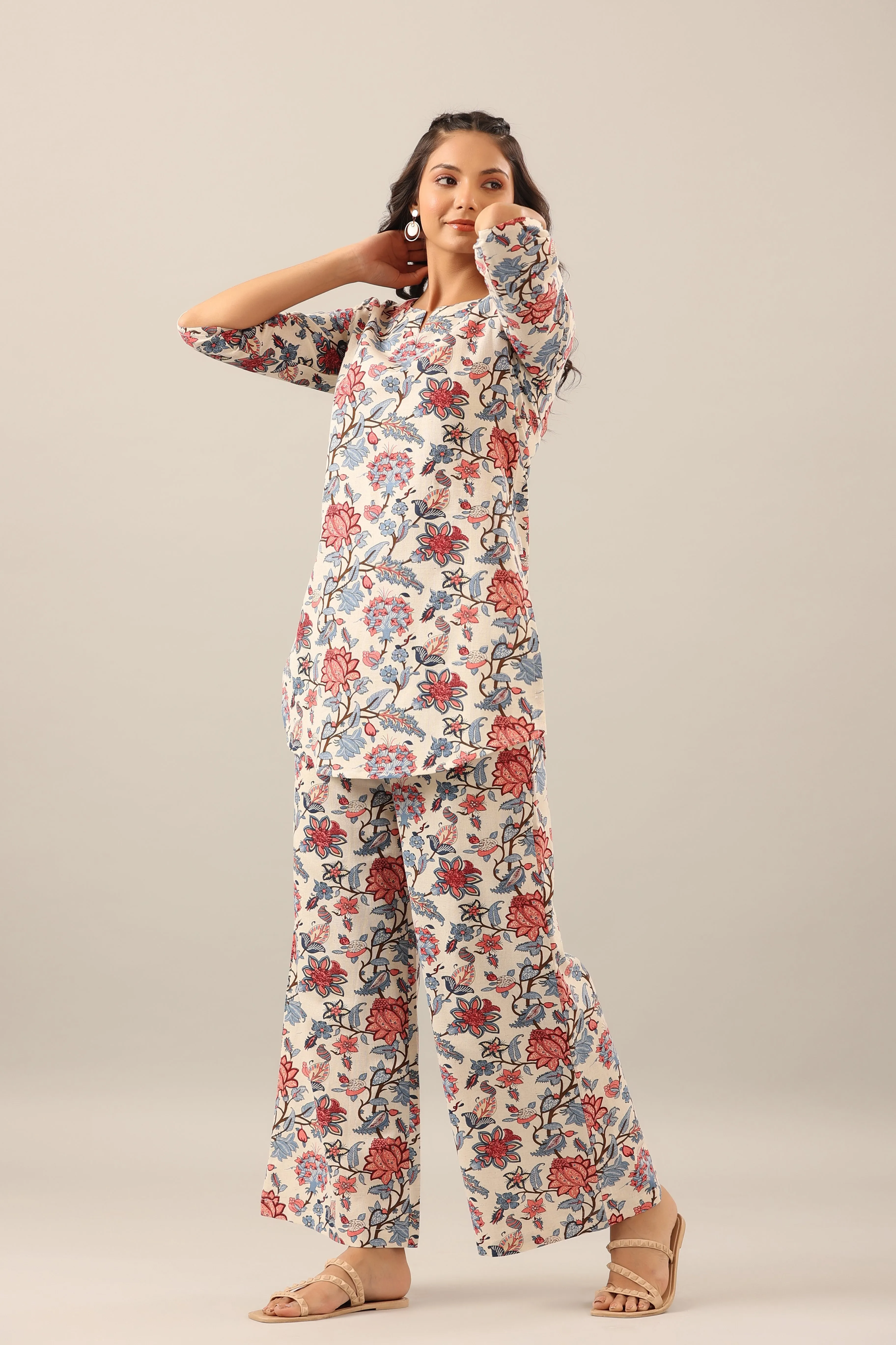 Marine Floral on Off White Cotton Flex Palazzo Loungewear Set