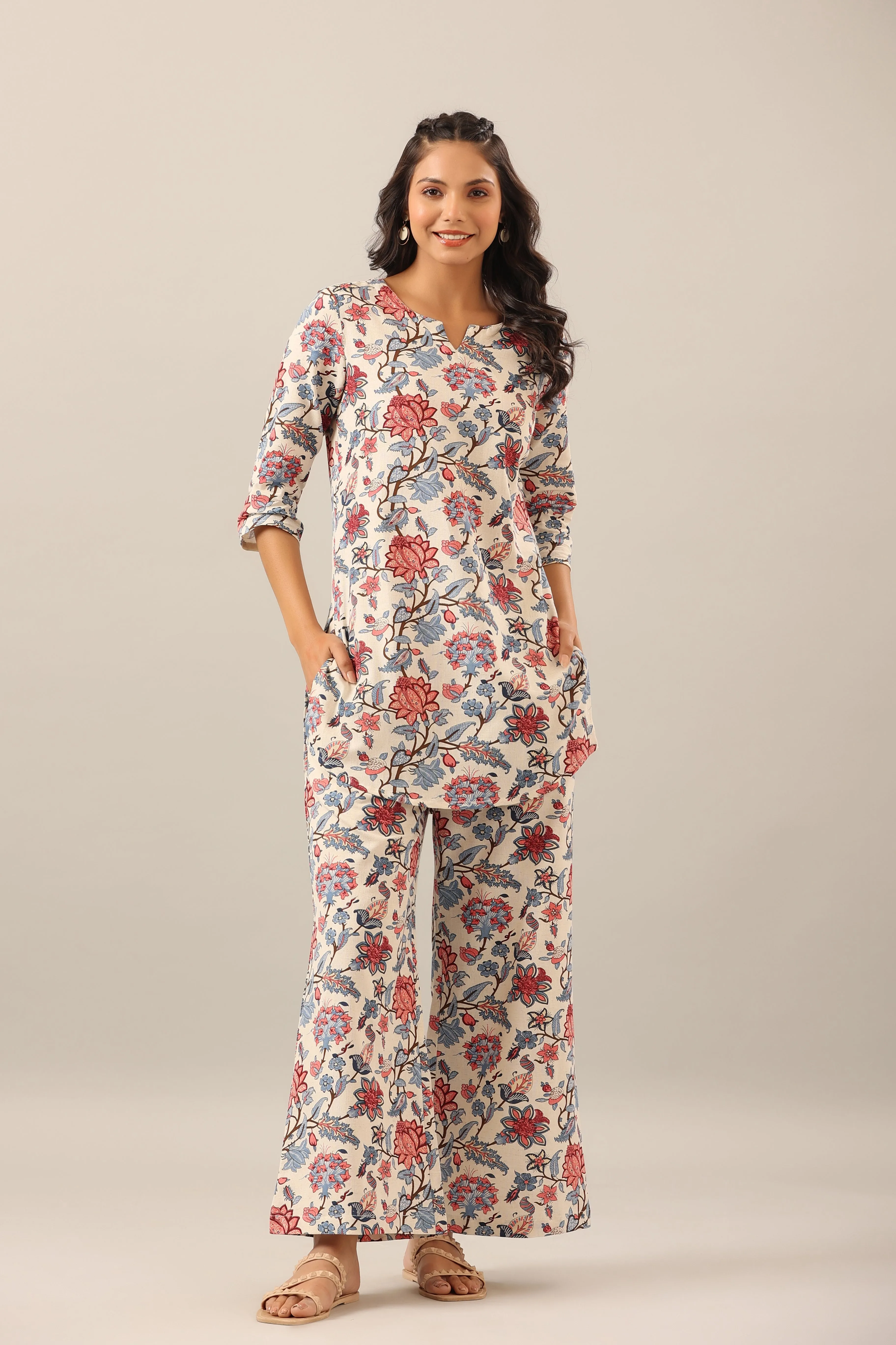 Marine Floral on Off White Cotton Flex Palazzo Loungewear Set