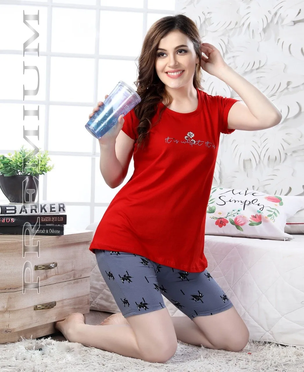 Matching Red Top and Grey Shorts Night Wear Set for Girls