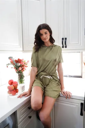 Olive Tie-Dye Short Sleeve Crewneck Hooded T-Shirt & Shorts Set