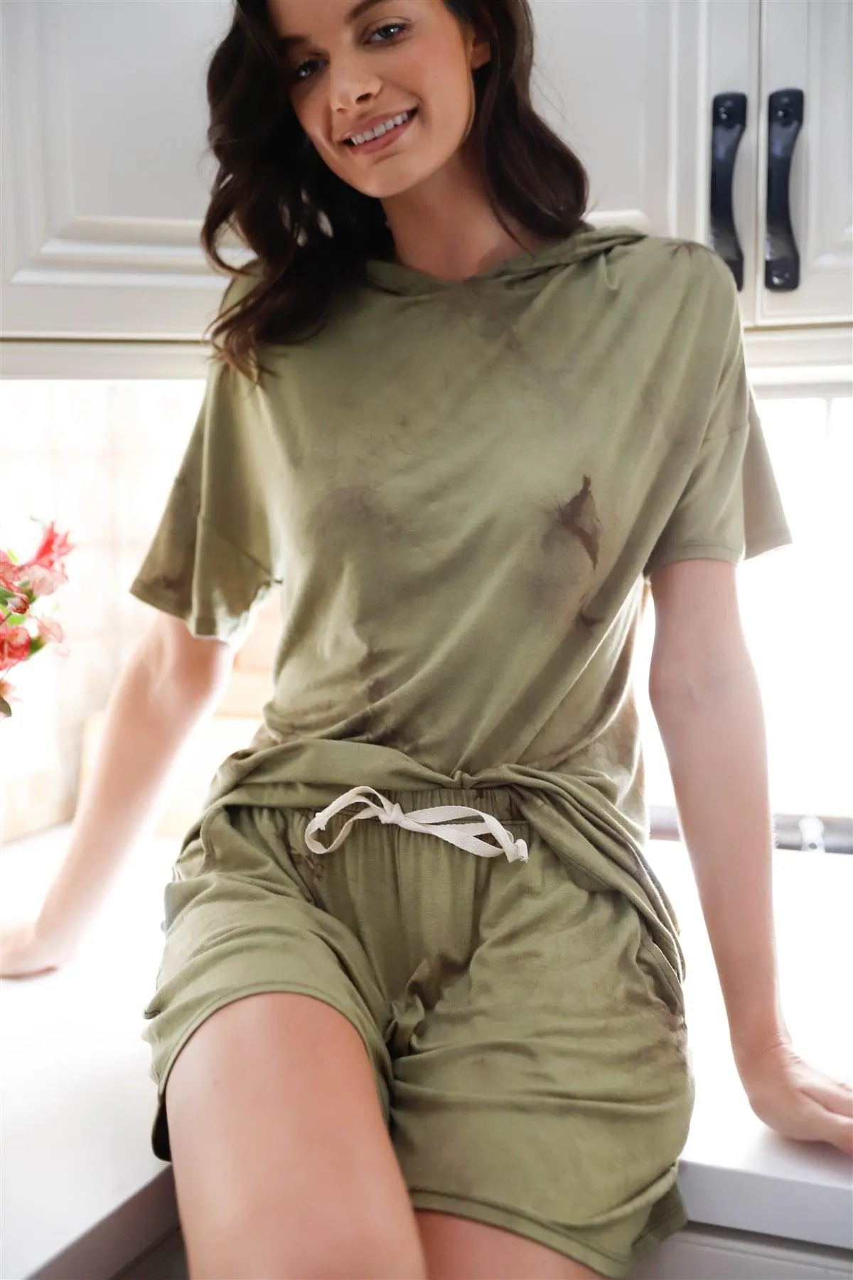 Olive Tie-Dye Short Sleeve Crewneck Hooded T-Shirt & Shorts Set