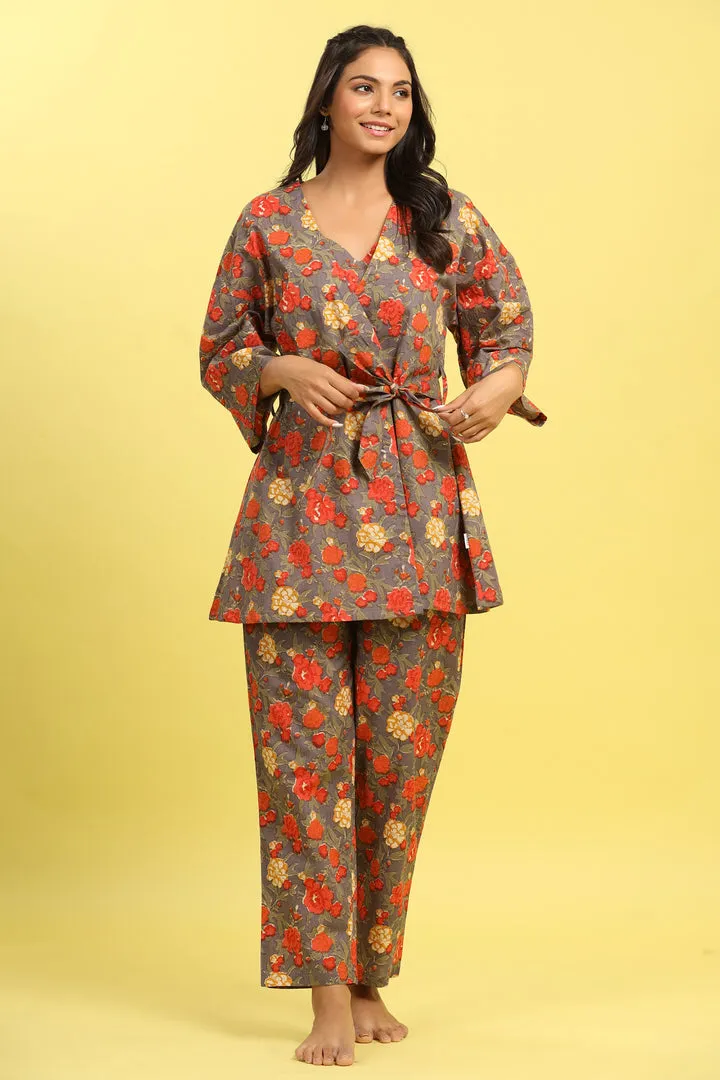 Orange Pop Jaal on Grey Cotton Three Piece Set