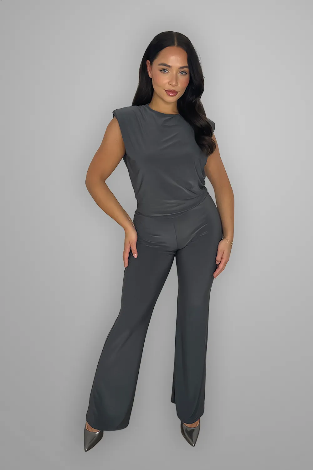 Padded Shoulder Straight Leg Stretchy Loungewear Set