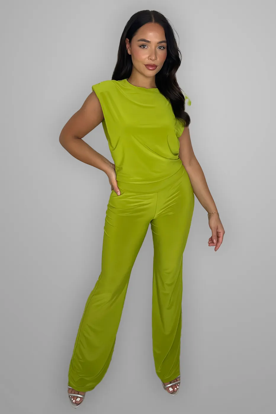 Padded Shoulder Straight Leg Stretchy Loungewear Set