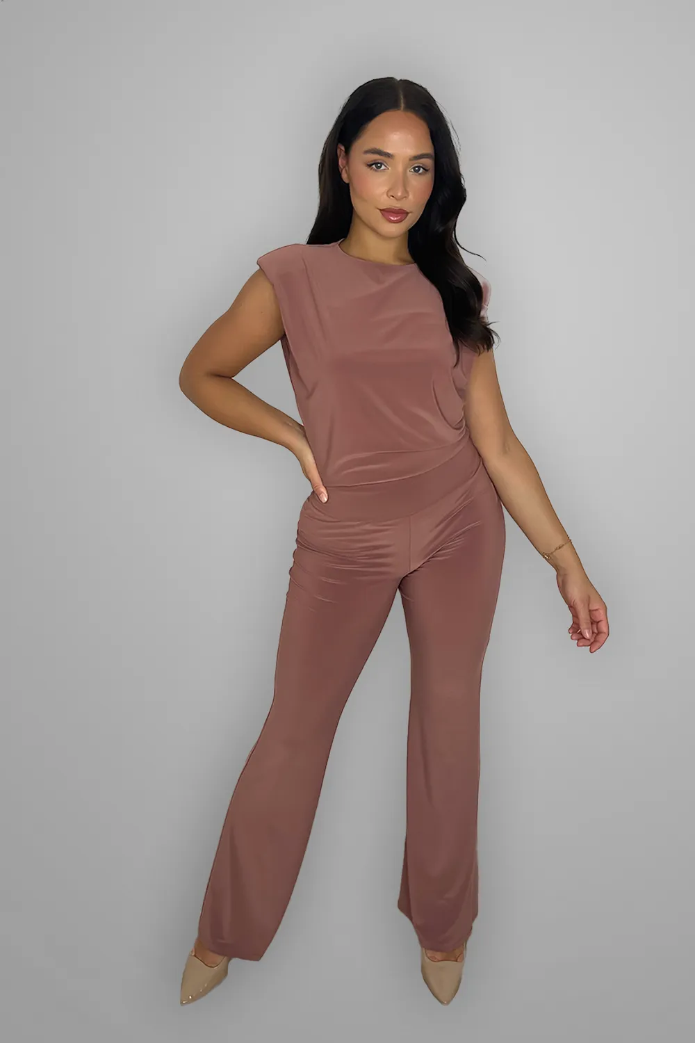 Padded Shoulder Straight Leg Stretchy Loungewear Set