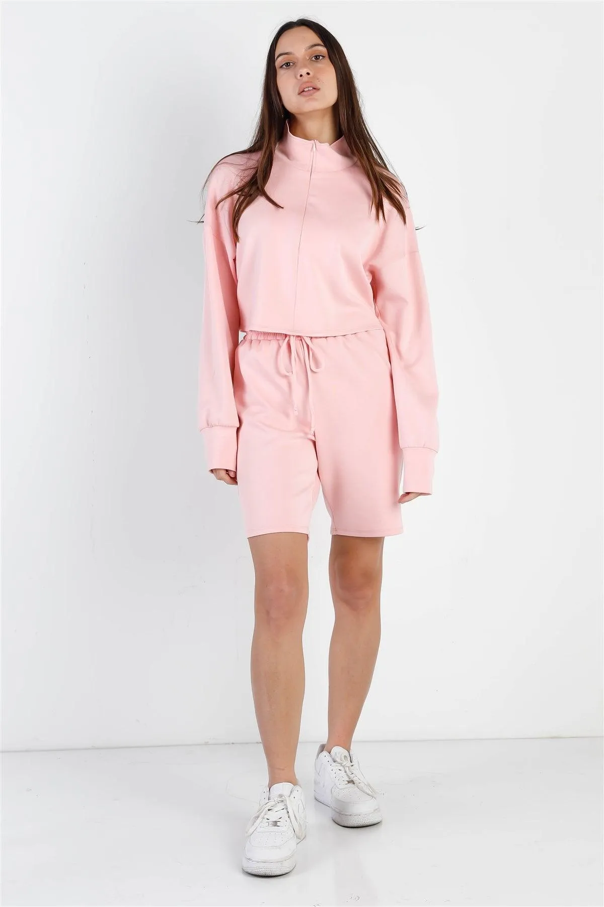 Peach Zip-Up Mock Neck Crop  Sweatshirt & Boyfriend Short Set /1-2-2