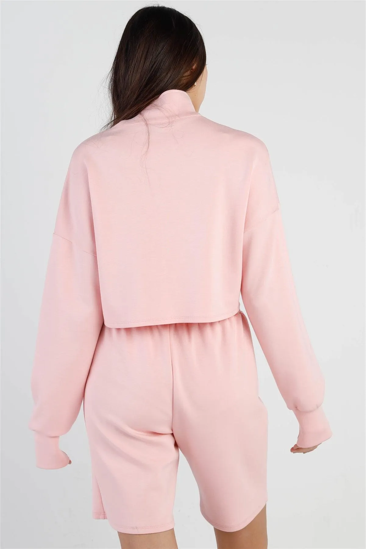 Peach Zip-Up Mock Neck Crop  Sweatshirt & Boyfriend Short Set /1-2-2