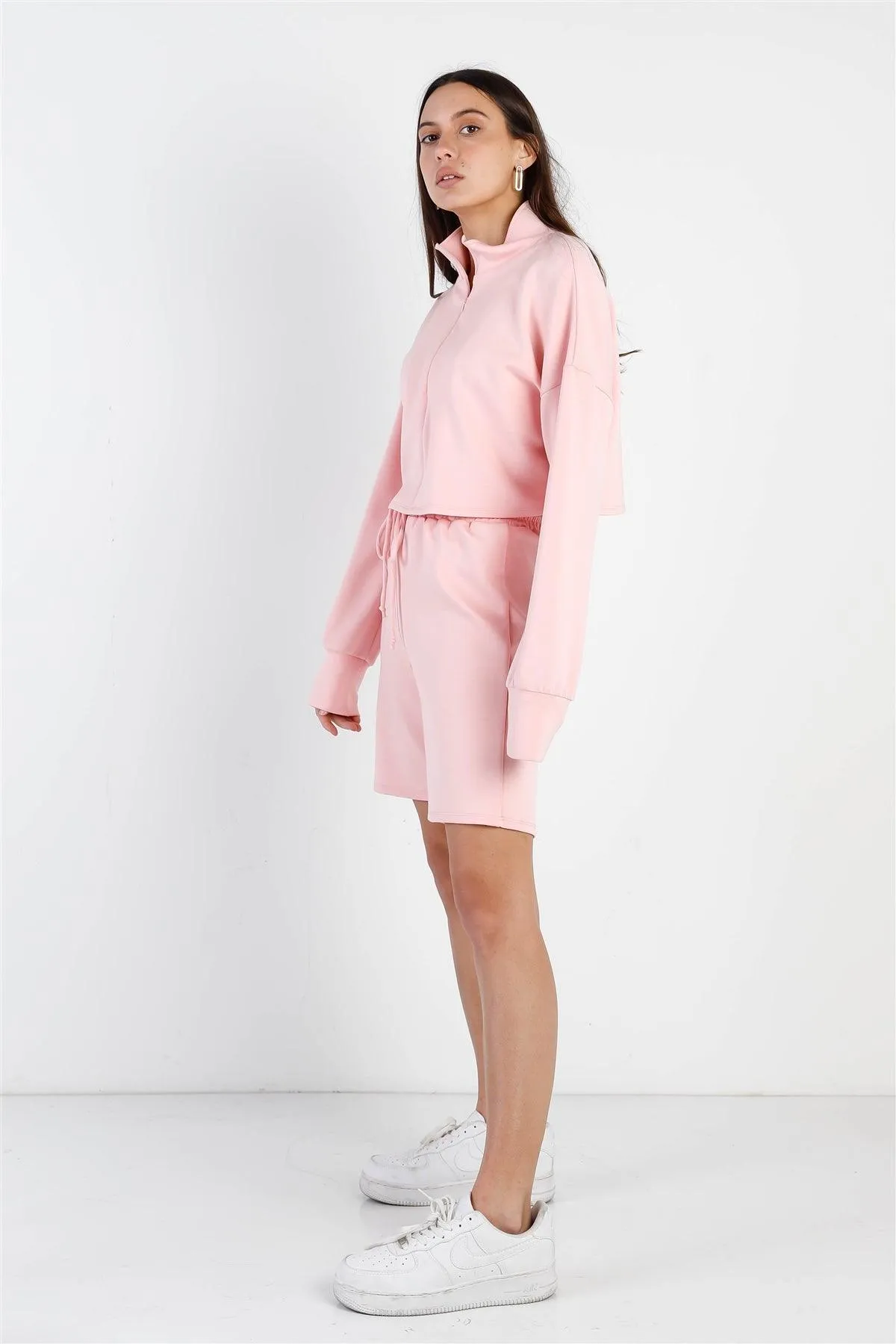 Peach Zip-Up Mock Neck Crop  Sweatshirt & Boyfriend Short Set /1-2-2