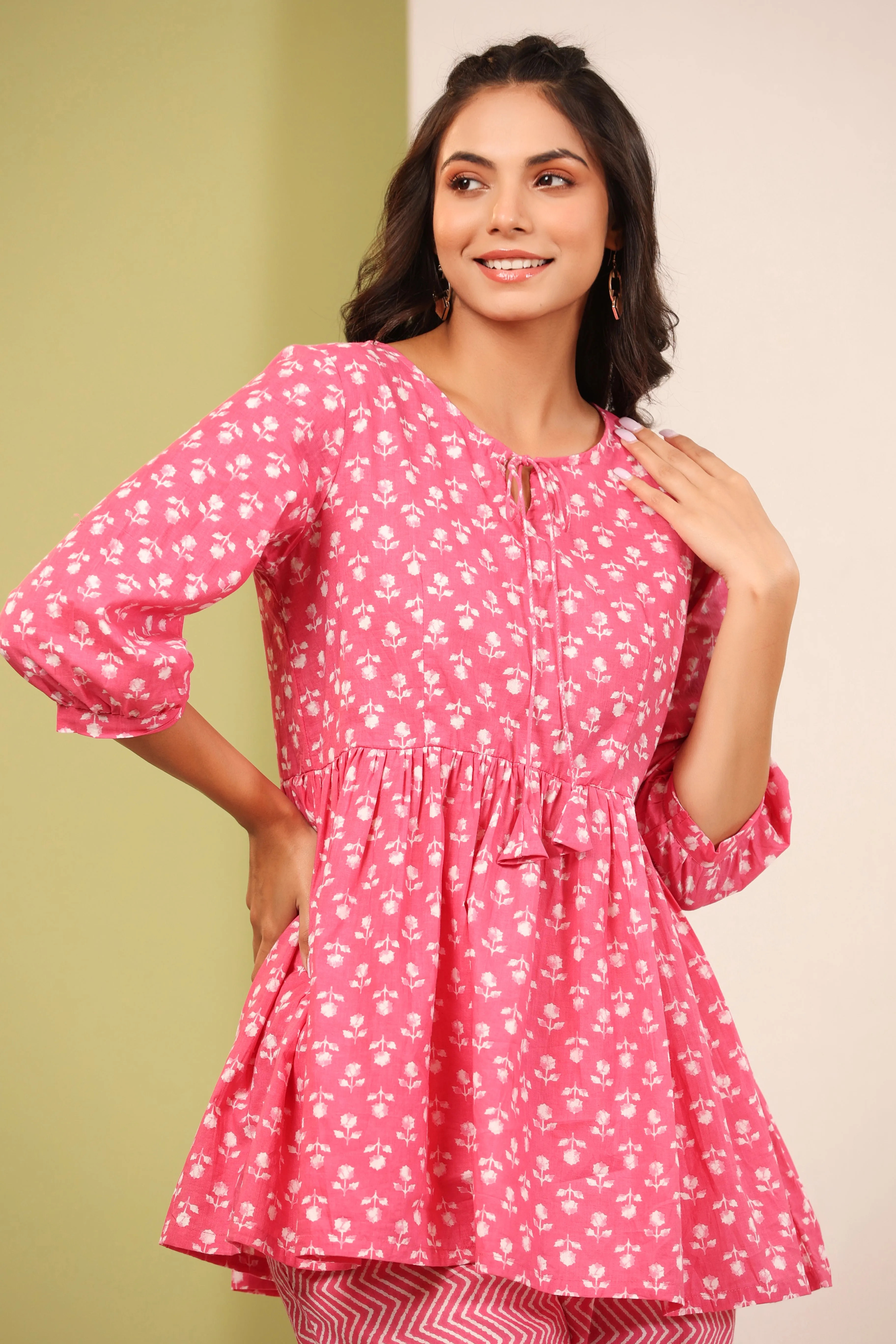 Petite Flowers on Pink Peplum Loungewear Top Set