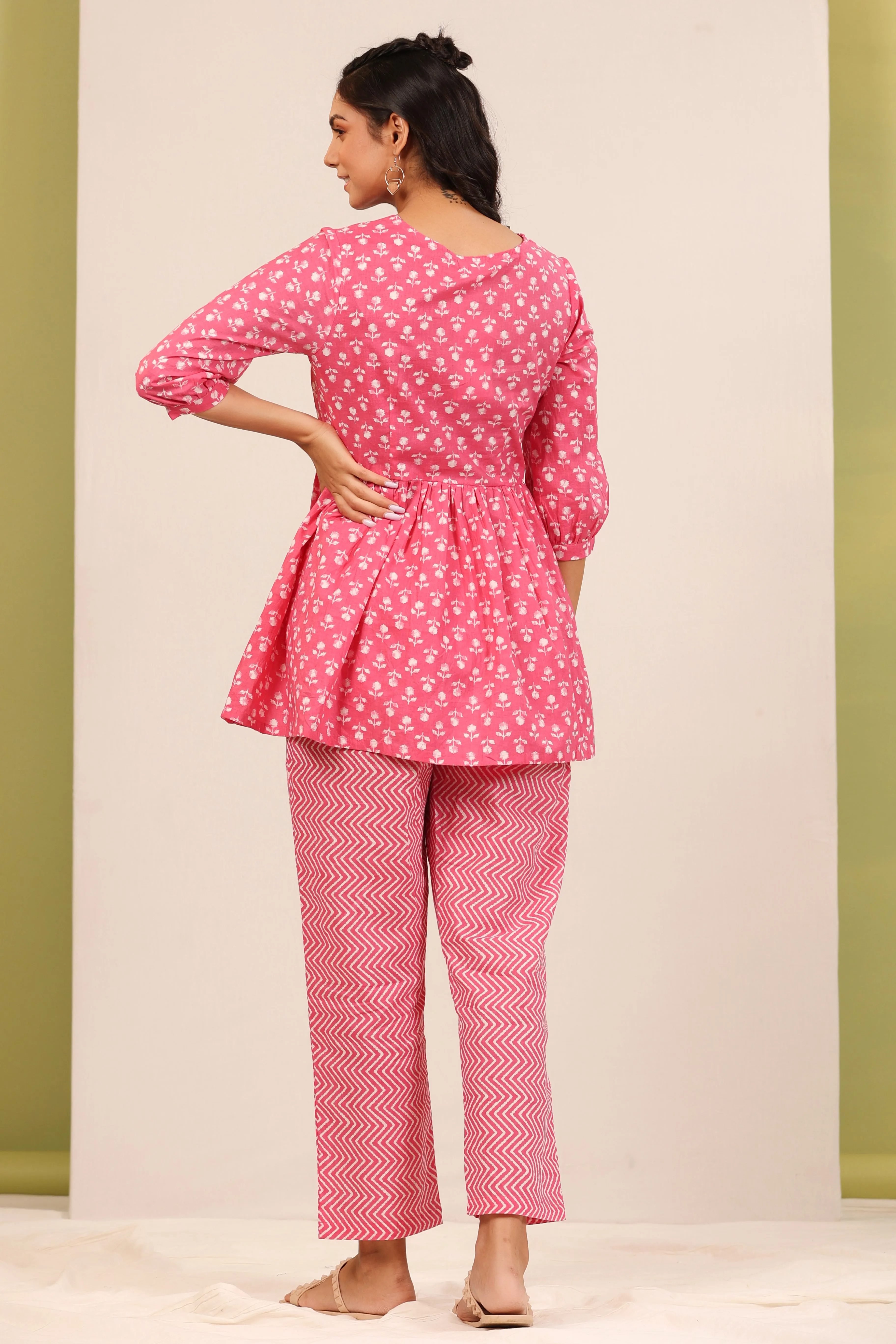 Petite Flowers on Pink Peplum Loungewear Top Set