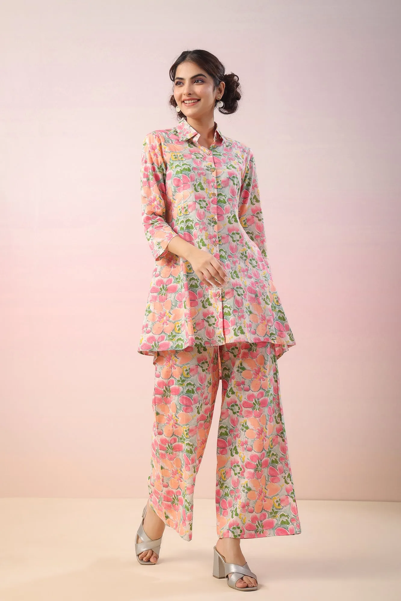 Pink Flowers On Grey Palazzo Loungewear Set